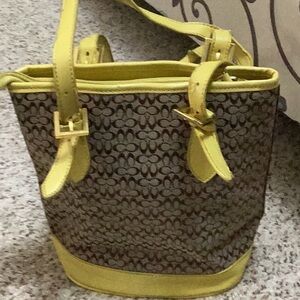 Coach Signature Canvas Shoulder Bag with Yellow Trim